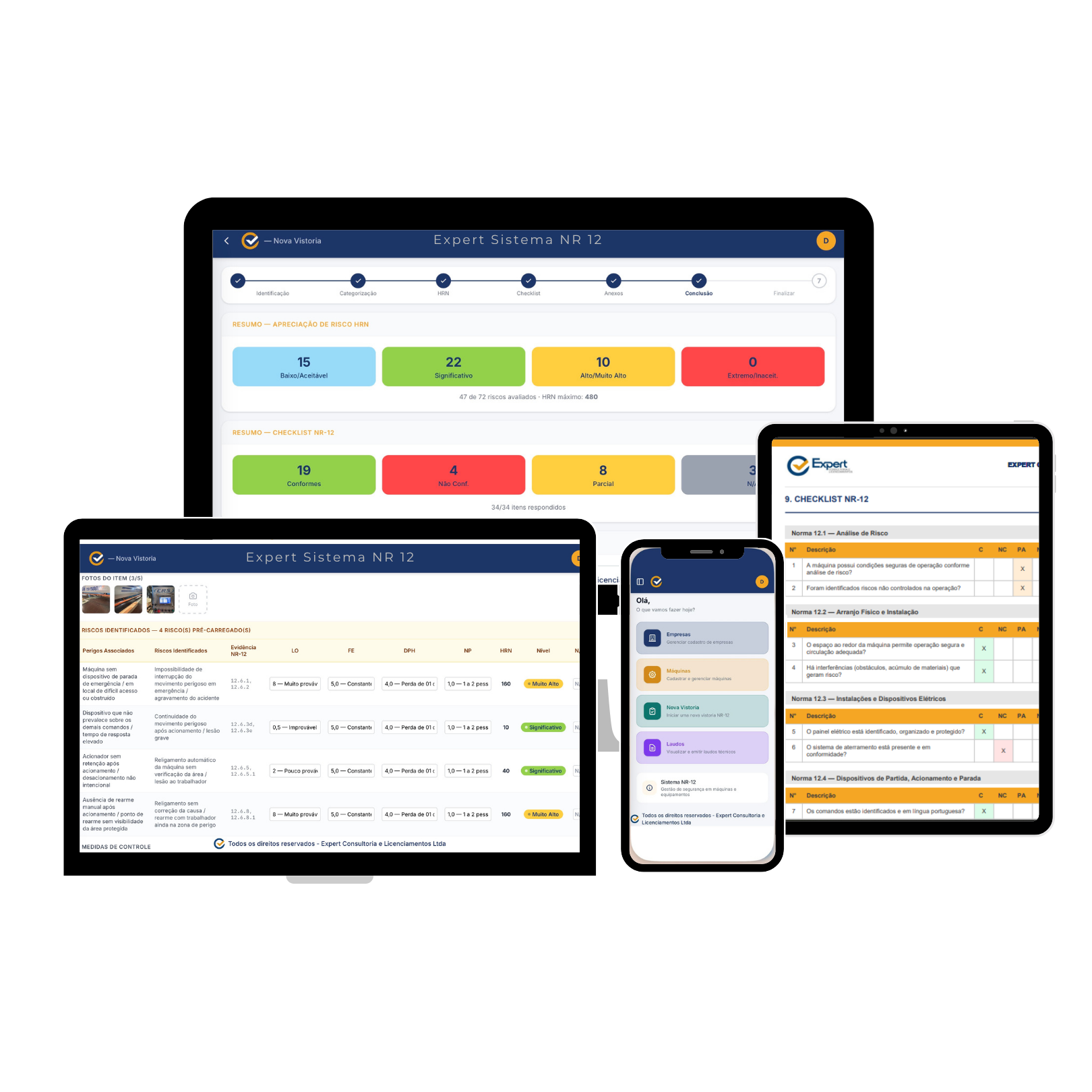Telas do sistema Expert NR12 em laptop, tablet e celular
